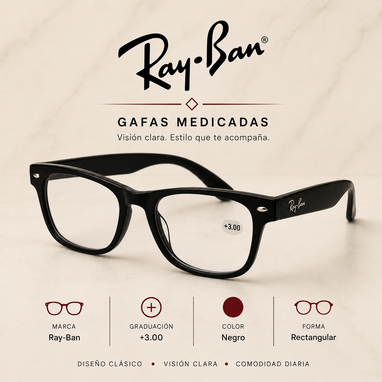 Gafas medicadas Ray-Ban +3.00 negro rectangular - Variante 17P3D