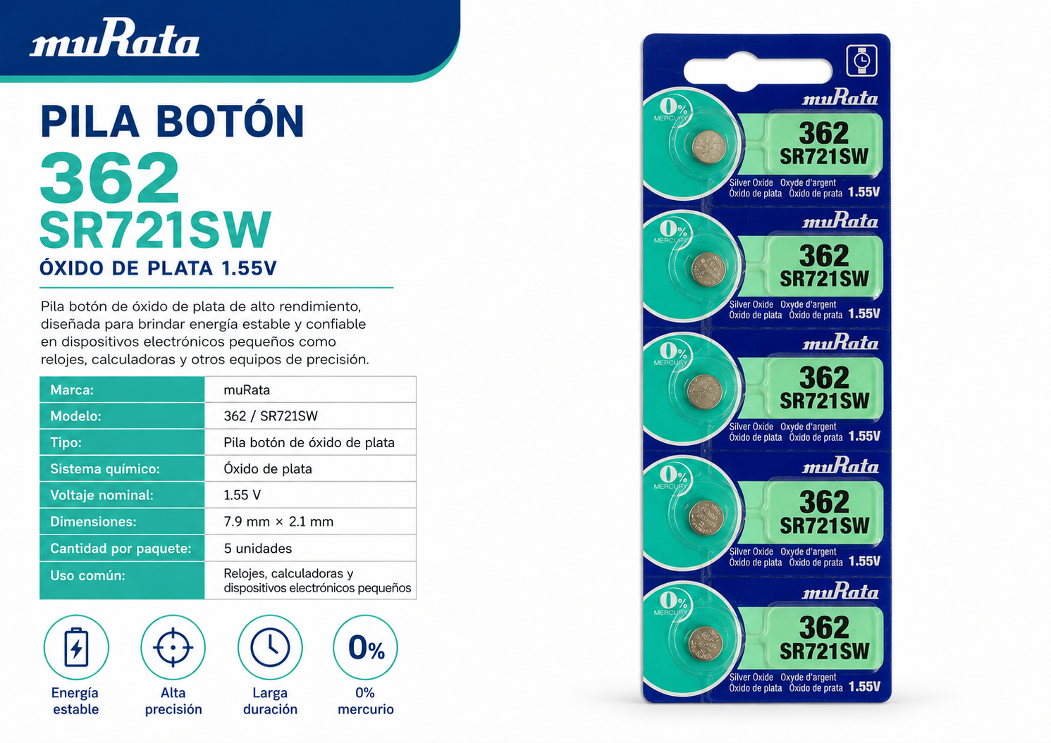 Pila botón muRata 362 SR721SW 1.55V - Variante DGPQR
