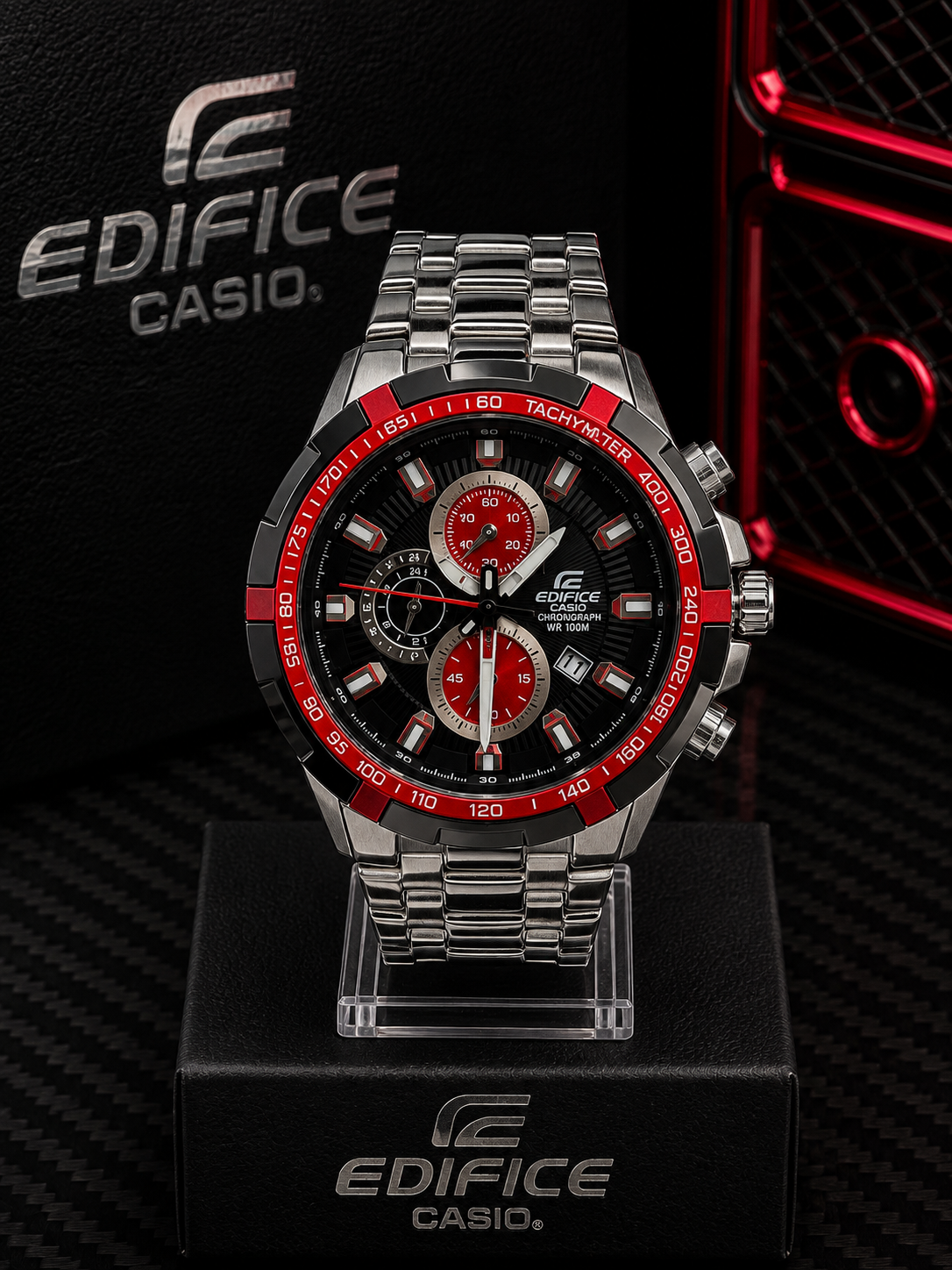 Casio Edifice cronógrafo deportivo metálico rojo y negro - Plata con negro y detalles en rojo