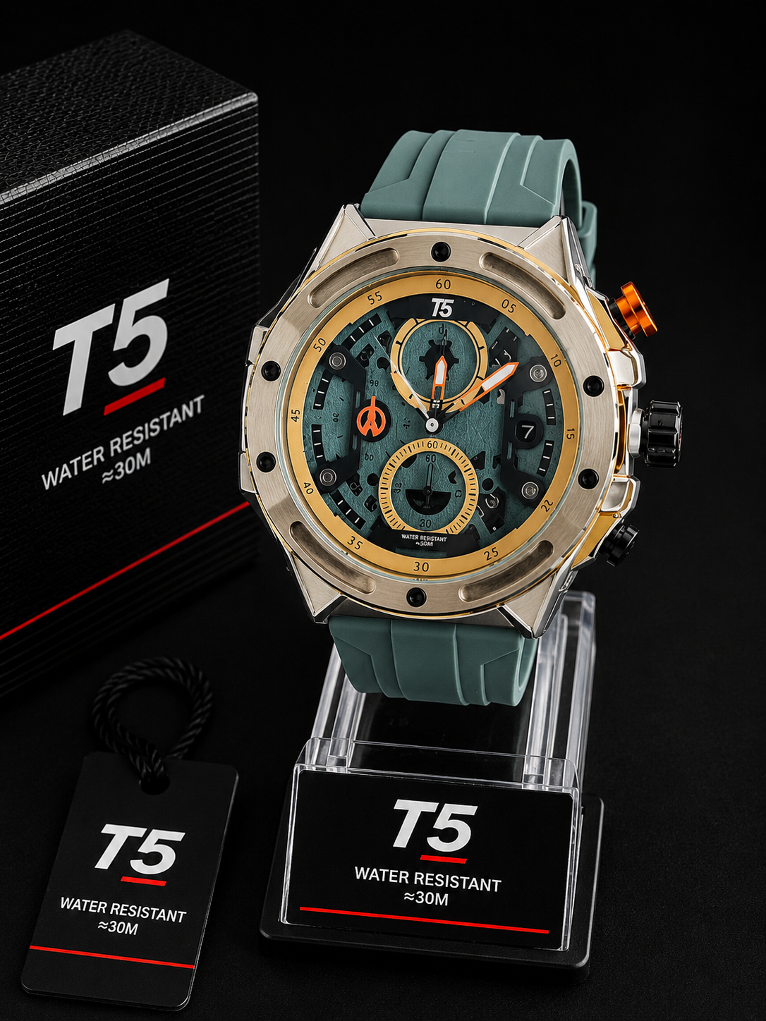 Reloj T5 casual multifuncional con correa de silicona verde - Verde con dorado y negro