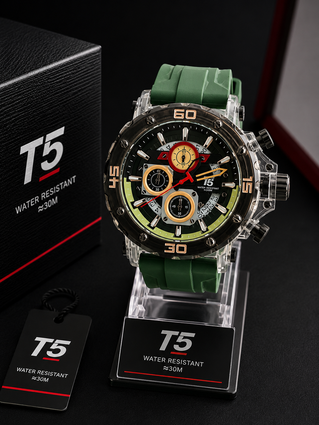Reloj deportivo T5 cronometrado verde y negro - Verde con negro y detalles dorados