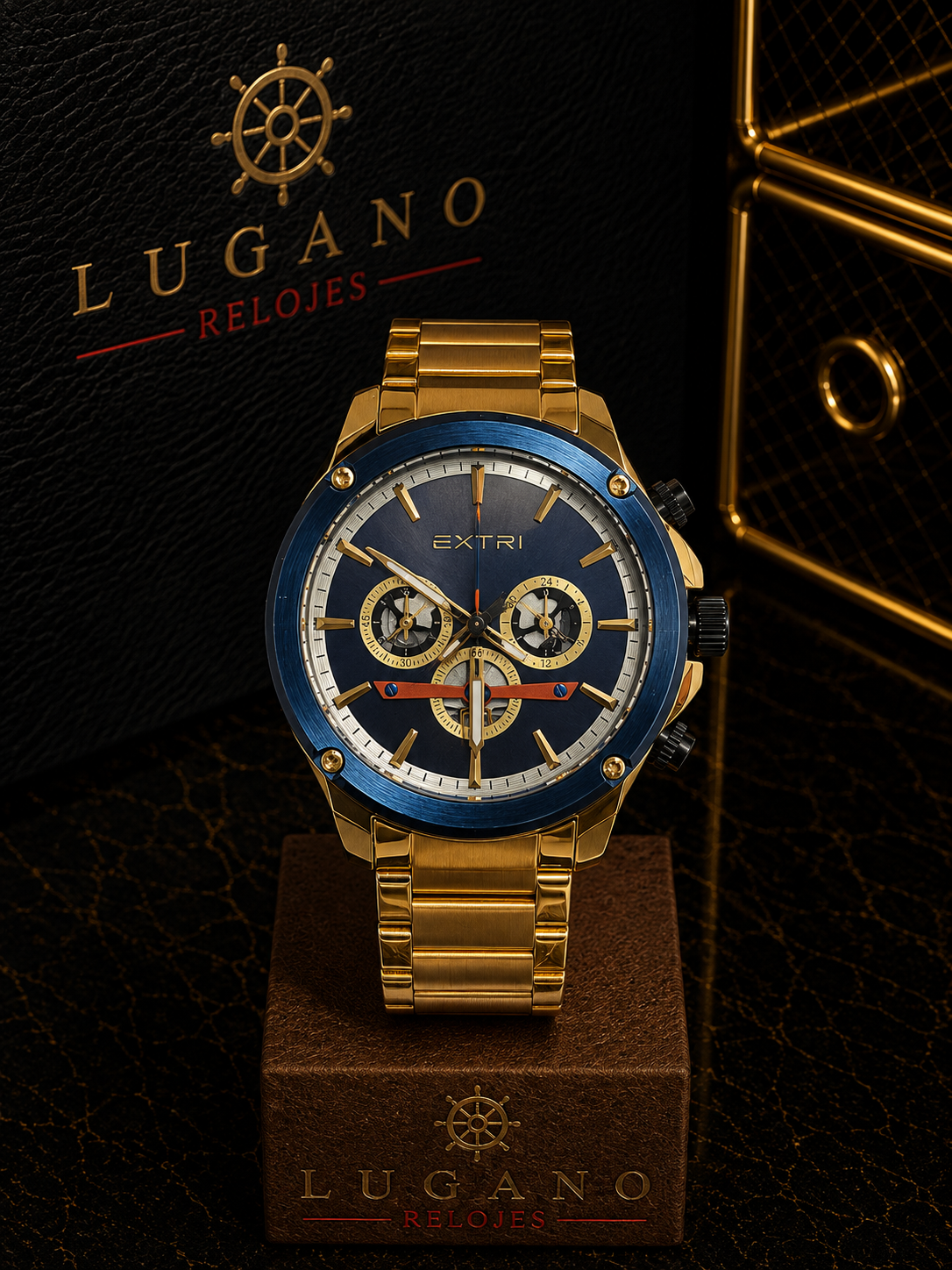 EXTRI Reloj Elegante de Pulso Oro y Azul Multifuncional - Oro con azul
