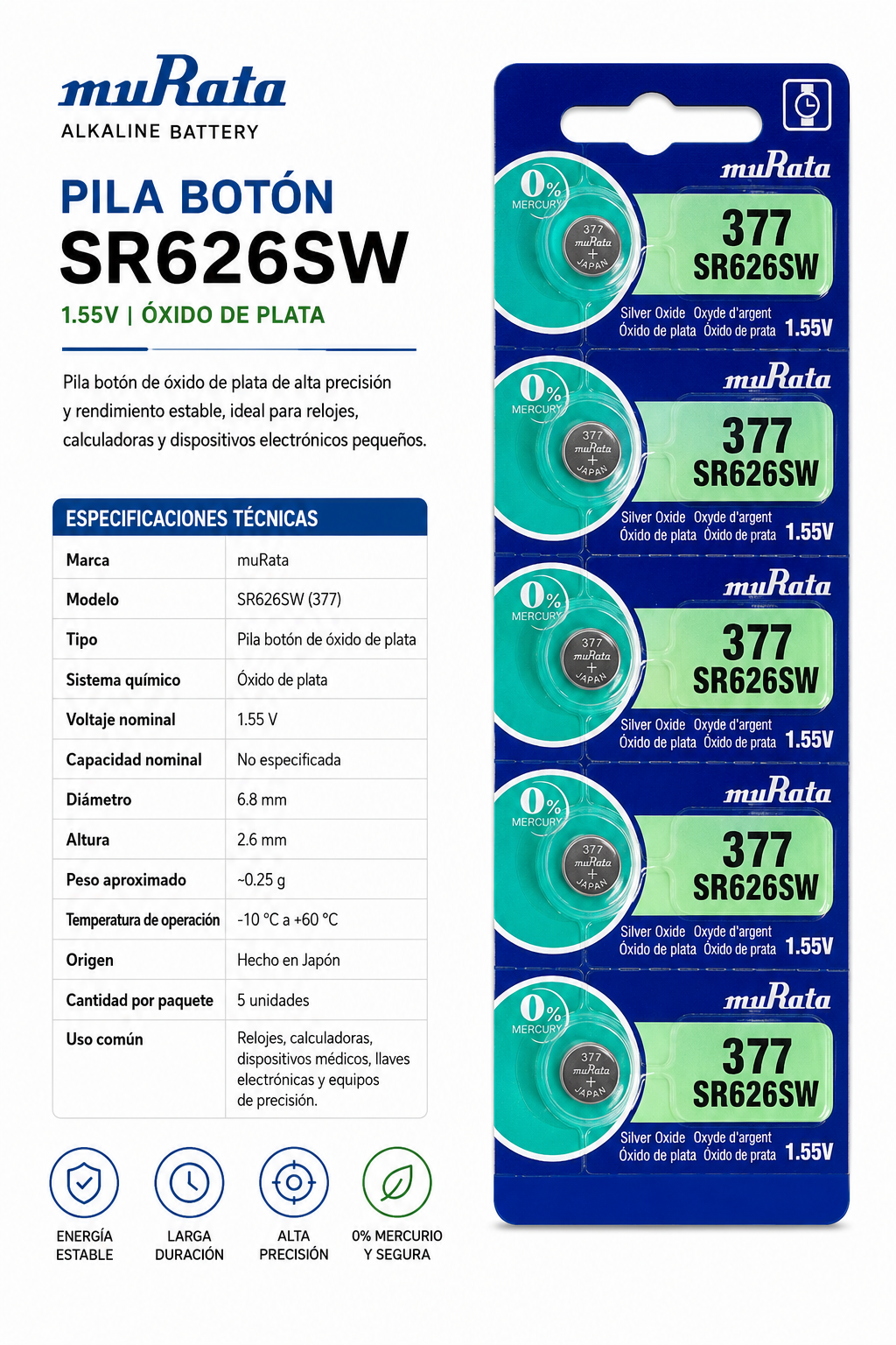 Pila botón muRata SR626SW 1.55V - Variante ULVGP