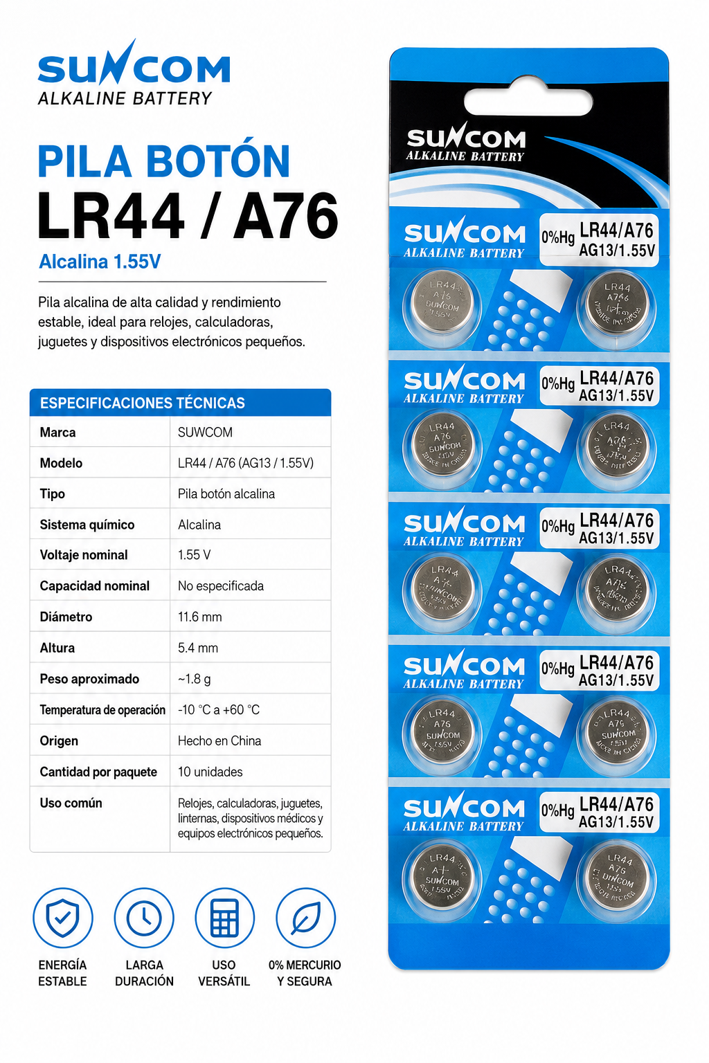 Pila botón LR44 / A76 1.55V - Variante 16EIZ