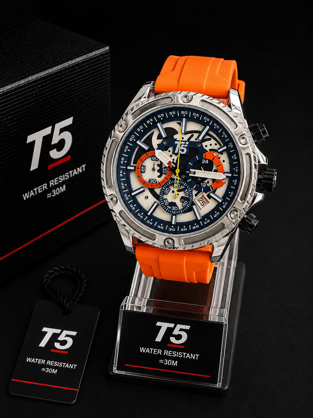 T5 Deportivo Multifuncional - Naranja con acero y detalles azul y negro