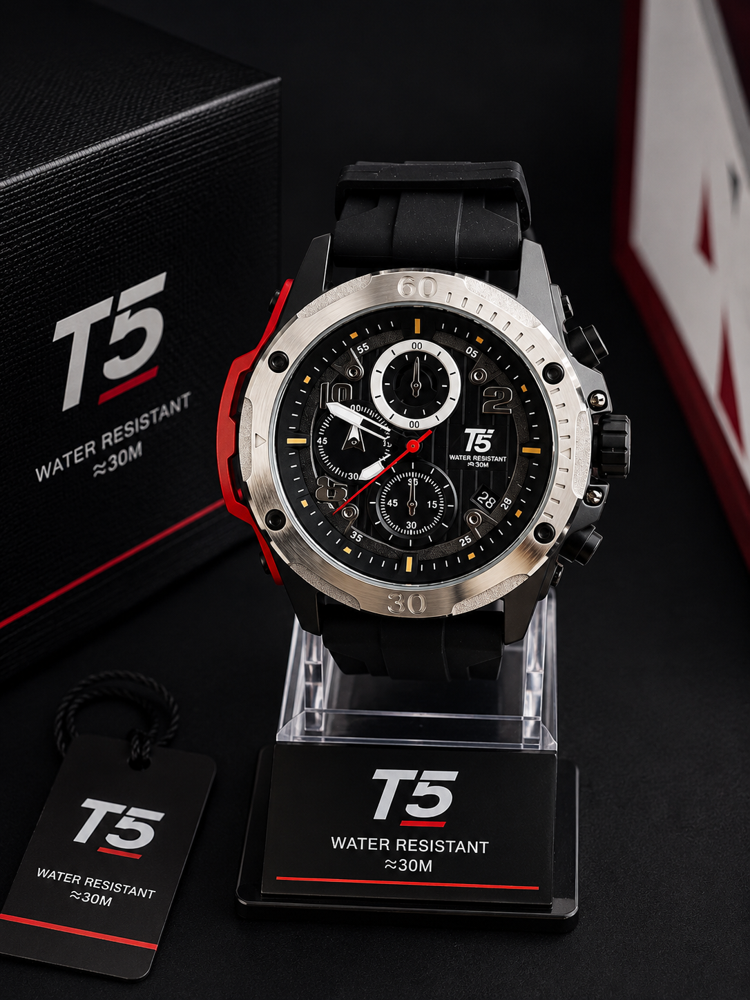 Reloj Deportivo T5 Multiesfera - Negro con detalle rojo y plateado