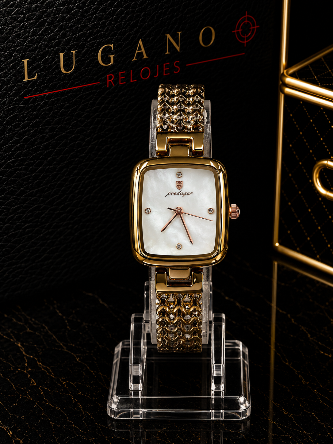 Reloj Elegante Cuadrado Poedagar - Dorado con carátula blanco madreperla