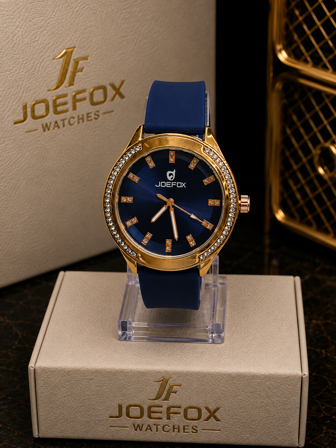 Reloj JOEFOX elegante con cristales y correa azul - Azul con dorado