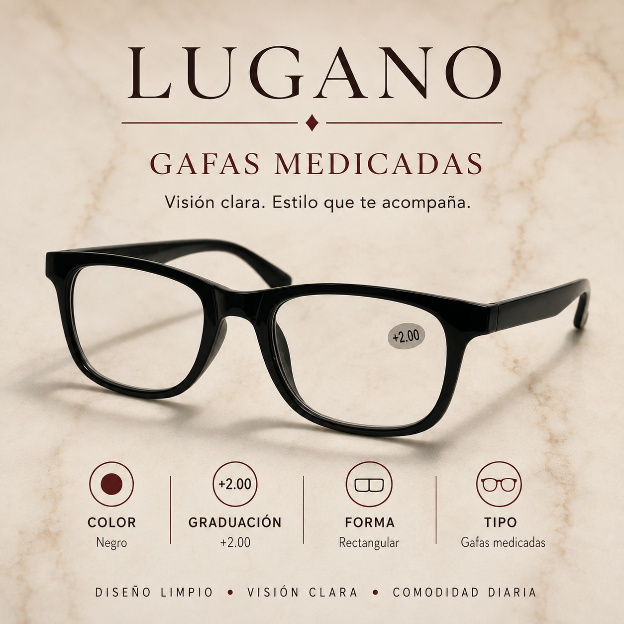 Gafas medicadas +2.00 rectangular negro - Variante 1WBII