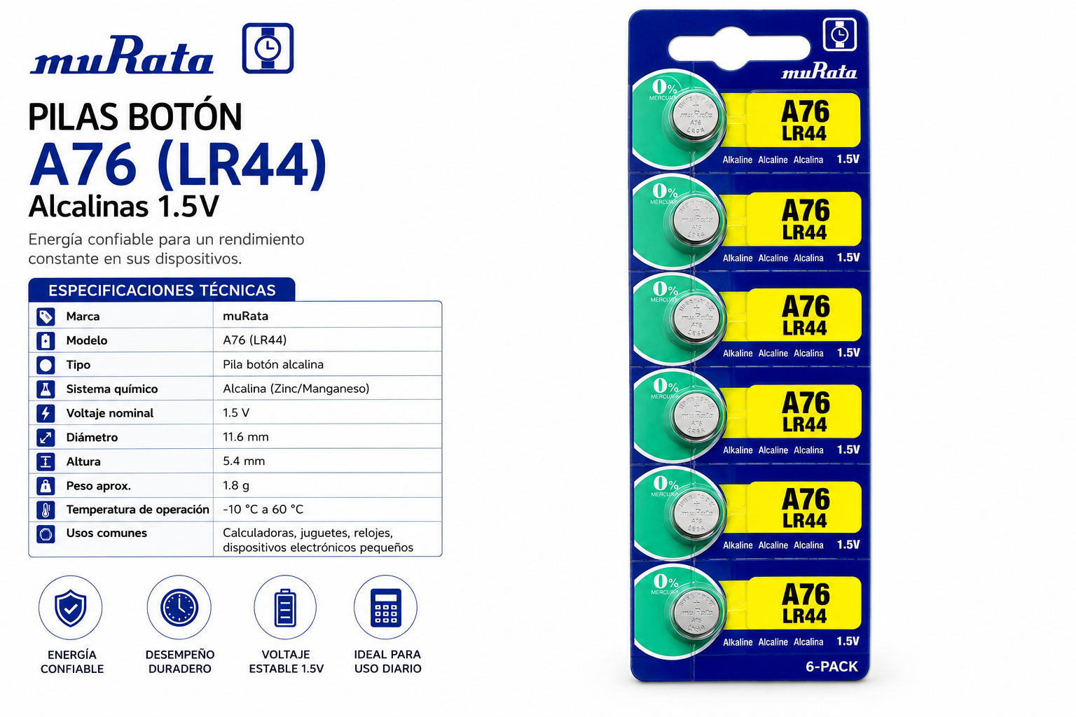 Pila muRata A76 LR44 1.5V - Variante 1COBY