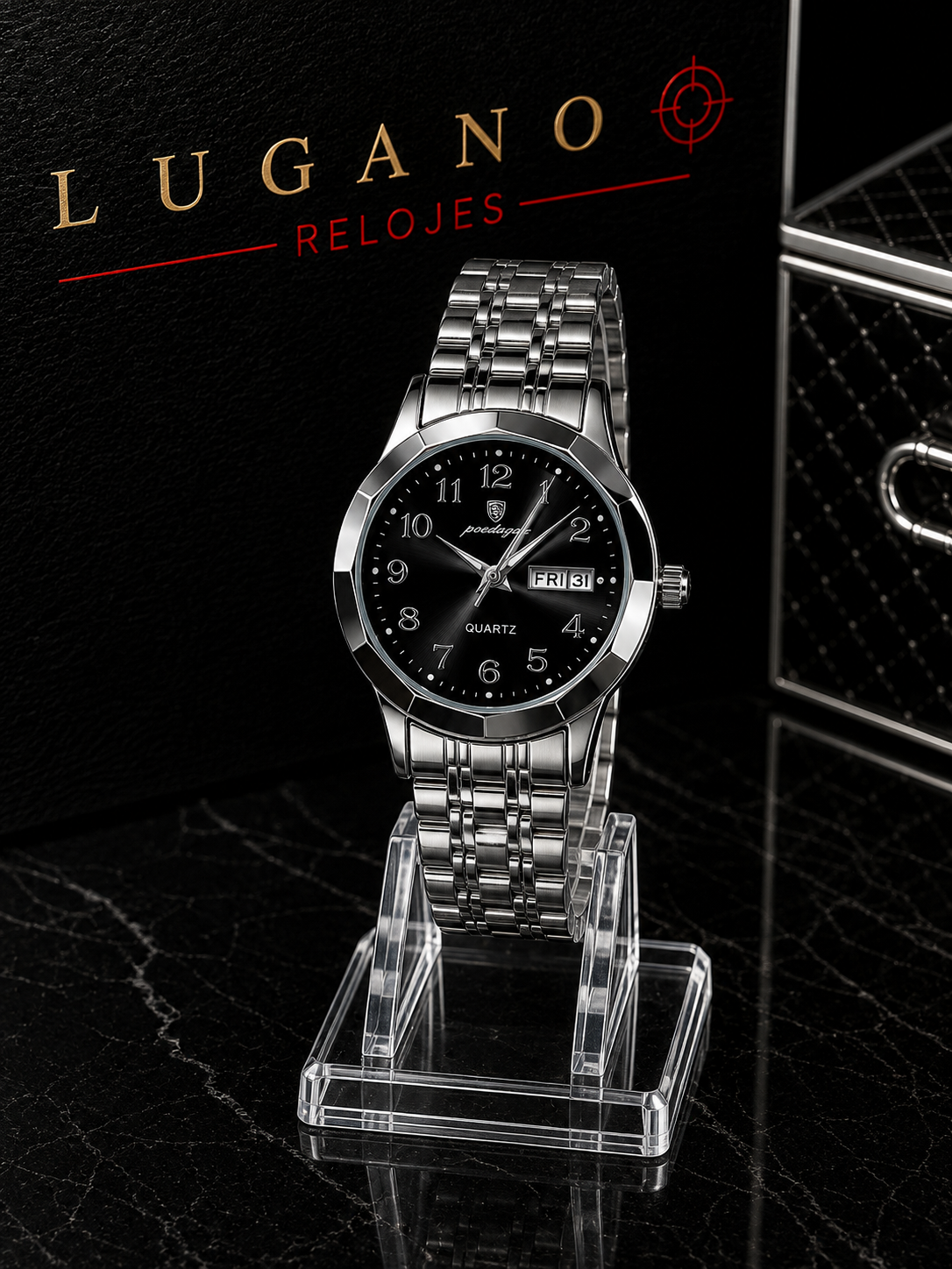 Reloj clásico con fecha Poedage - Plateado con esfera negra