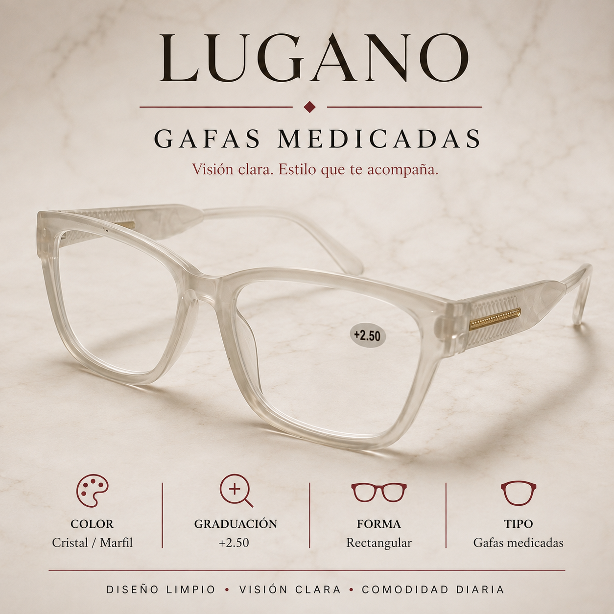 Gafas medicadas +2.50 rectangular cristal marfil - Variante 1P1S3