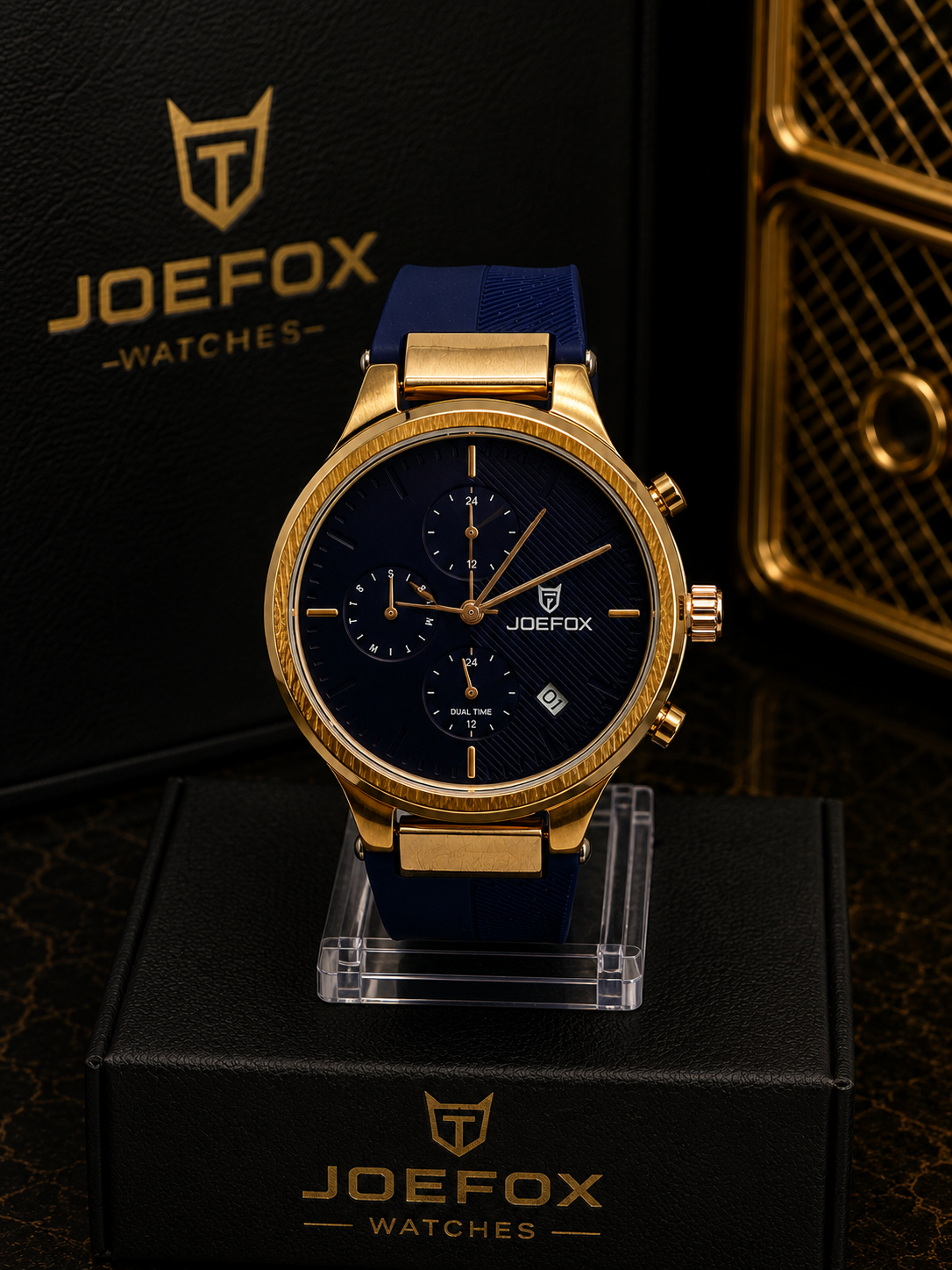 Reloj elegante Dual Time Joefox dorado con correa azul - Azul con dorado