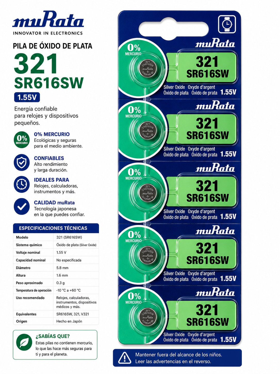Pila muRata 321 SR616SW 1.55V - Variante 1JRTL