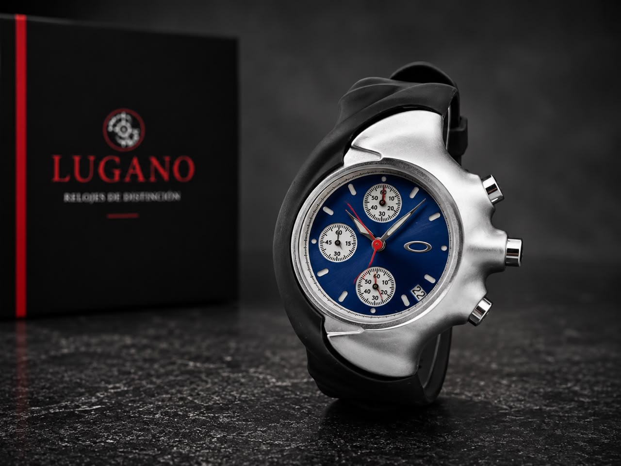 Reloj Oakley cronógrafo analógico con pulso de silicona - Plateado · esfera azul