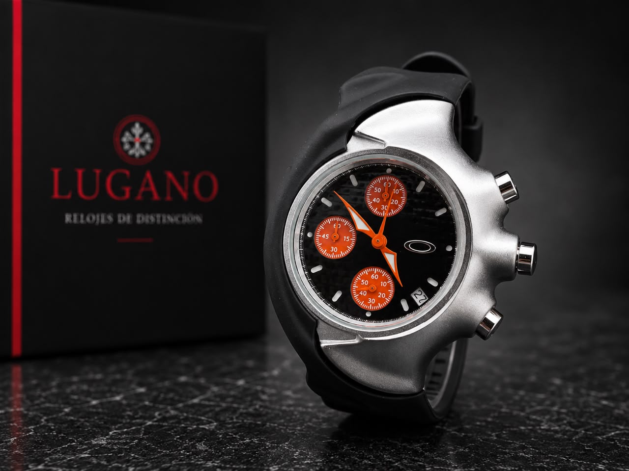 Reloj Oakley cronógrafo analógico con pulso de silicona - Plateado · esfera negra con detalles rojos
