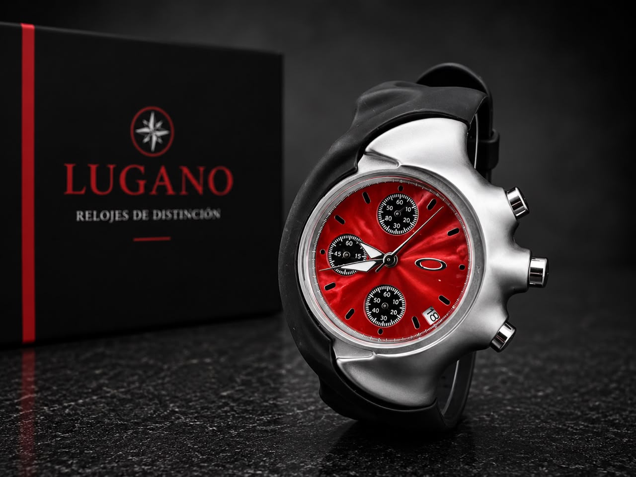 Reloj Oakley cronógrafo analógico con pulso de silicona - Pulso negro · caja plateada · esfera roja