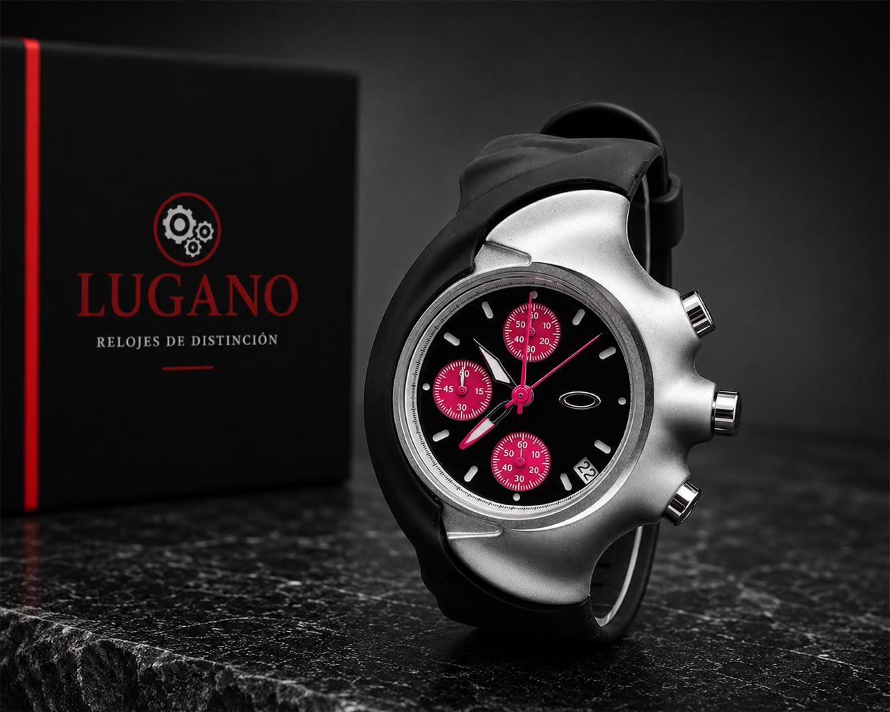 Reloj Oakley cronógrafo analógico con pulso de silicona - Plateado · esfera negra con detalles rosados