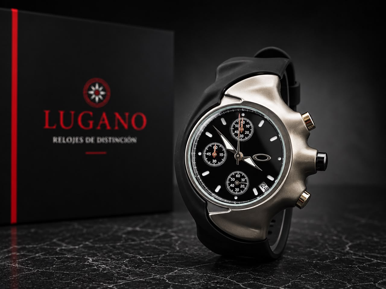 Reloj Oakley cronógrafo analógico con pulso de silicona - Bicolor gris/dorado · esfera negra