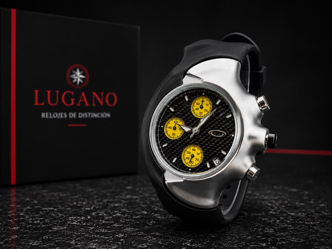 Reloj Oakley cronógrafo analógico con pulso de silicona - Plateado · esfera negra/amarilla