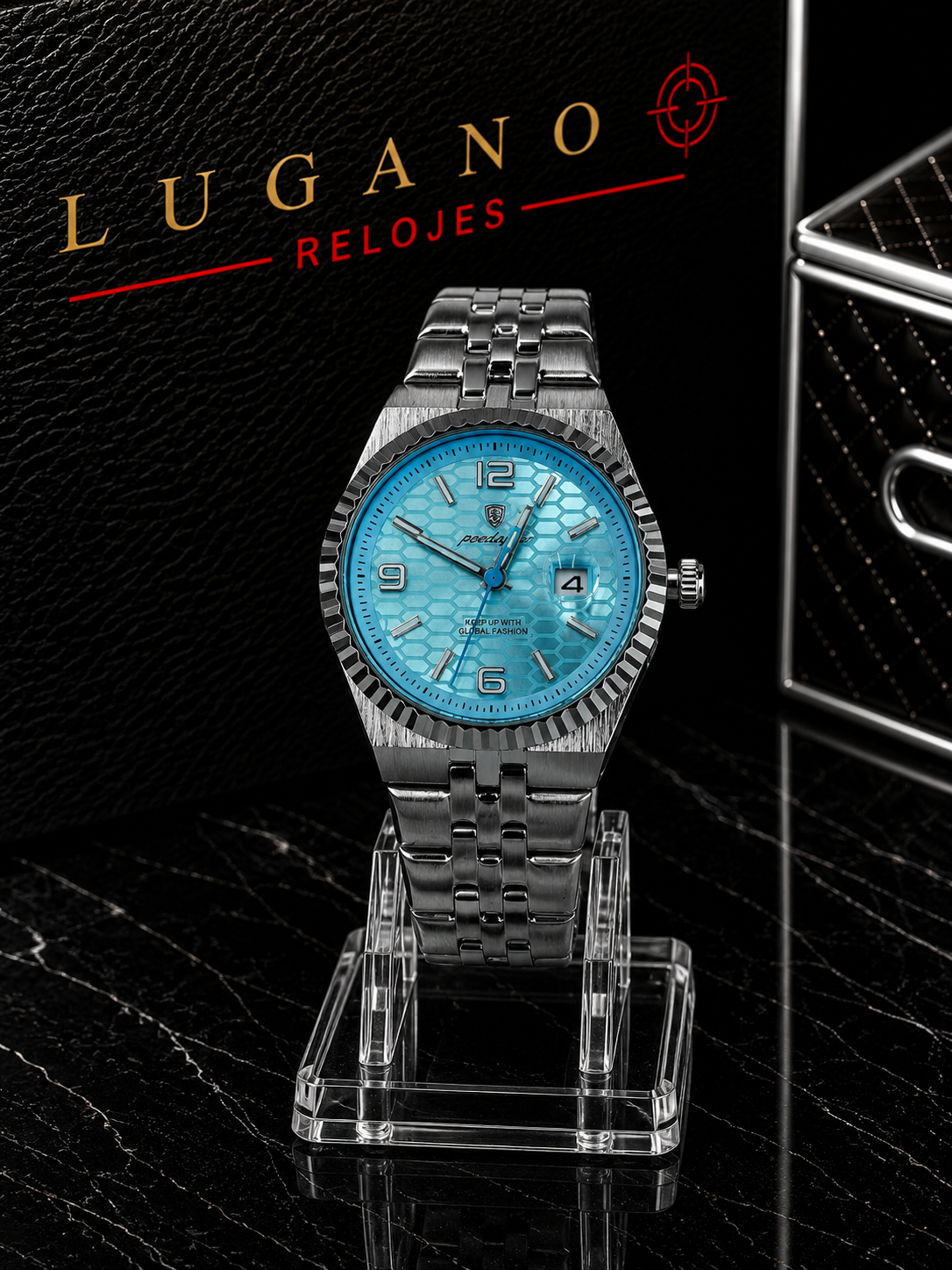 Reloj casual metálico con esfera azul hexagonal - Plata con azul claro