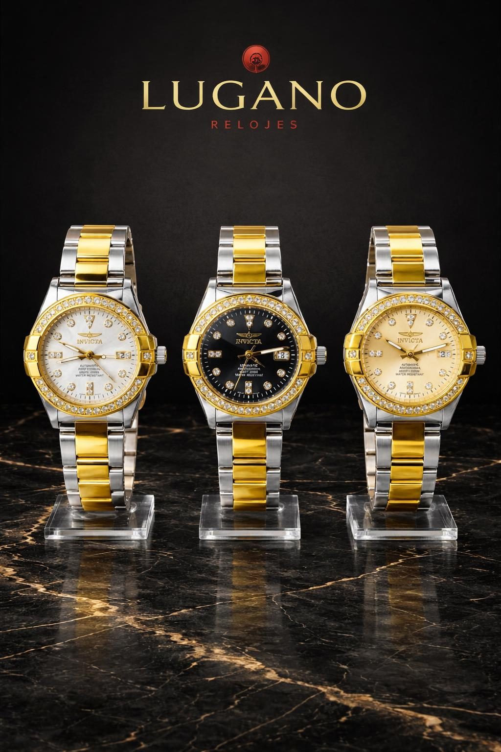 Reloj Invicta Dama con pulso metálico bicolor y bisel con piedras - blanco,negro,crema · Elegante