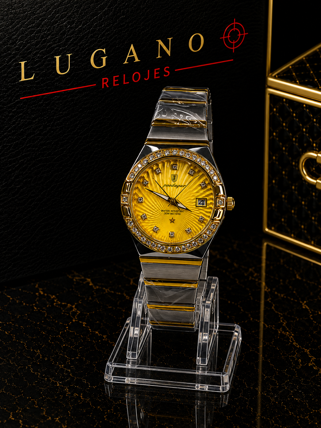 Reloj Elegante con Esfera Dorada y Detalles en Cristal - Acero inoxidable con dorado y esfera amarilla dorada