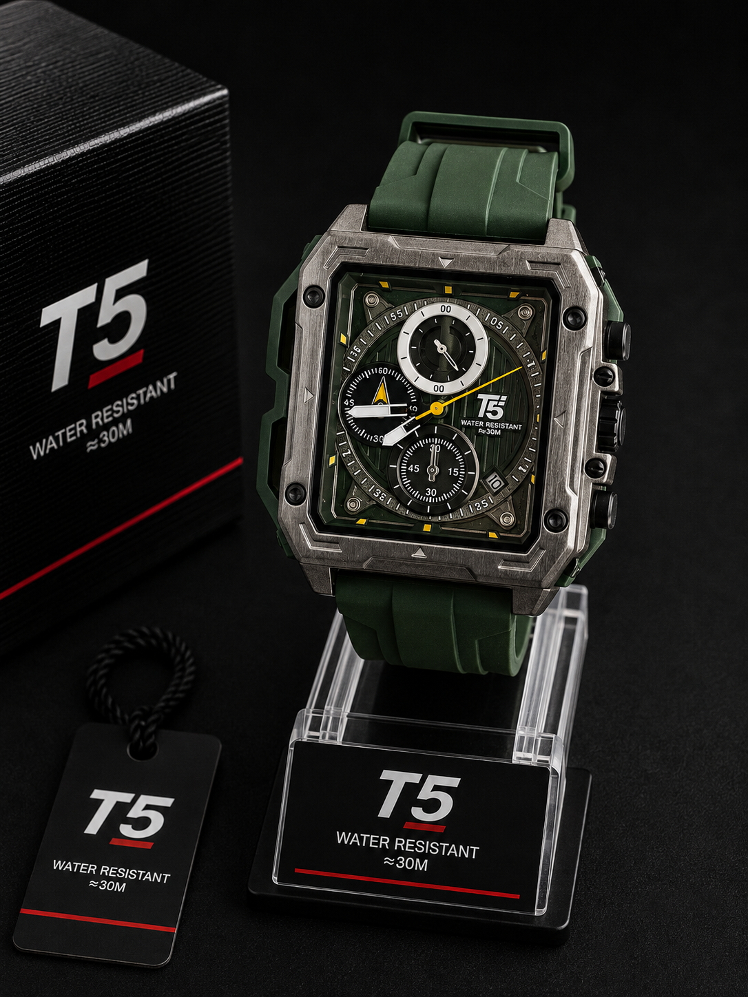 Reloj Deportivo T5 Deportivo Verde con Bisel Metálico - Verde oscuro con metálico y detalles en negro y amarillo