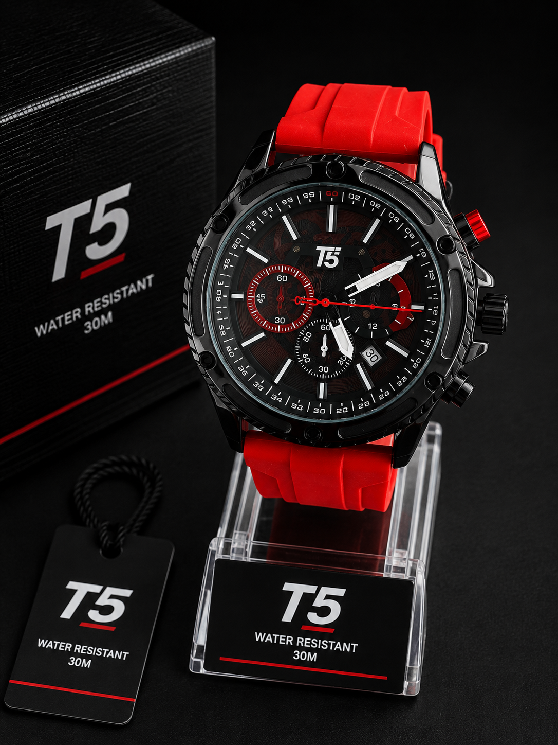 Reloj deportivo cronógrafo T5 con correa roja de silicona - Negro con rojo