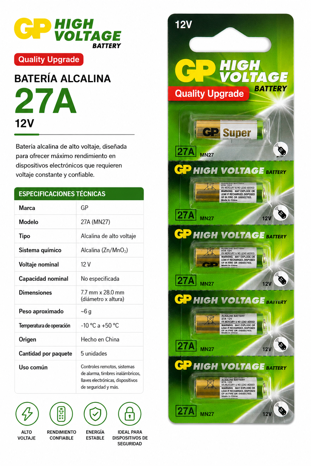 Batería alcalina GP 27A MN27 12V - Variante 6DC8B