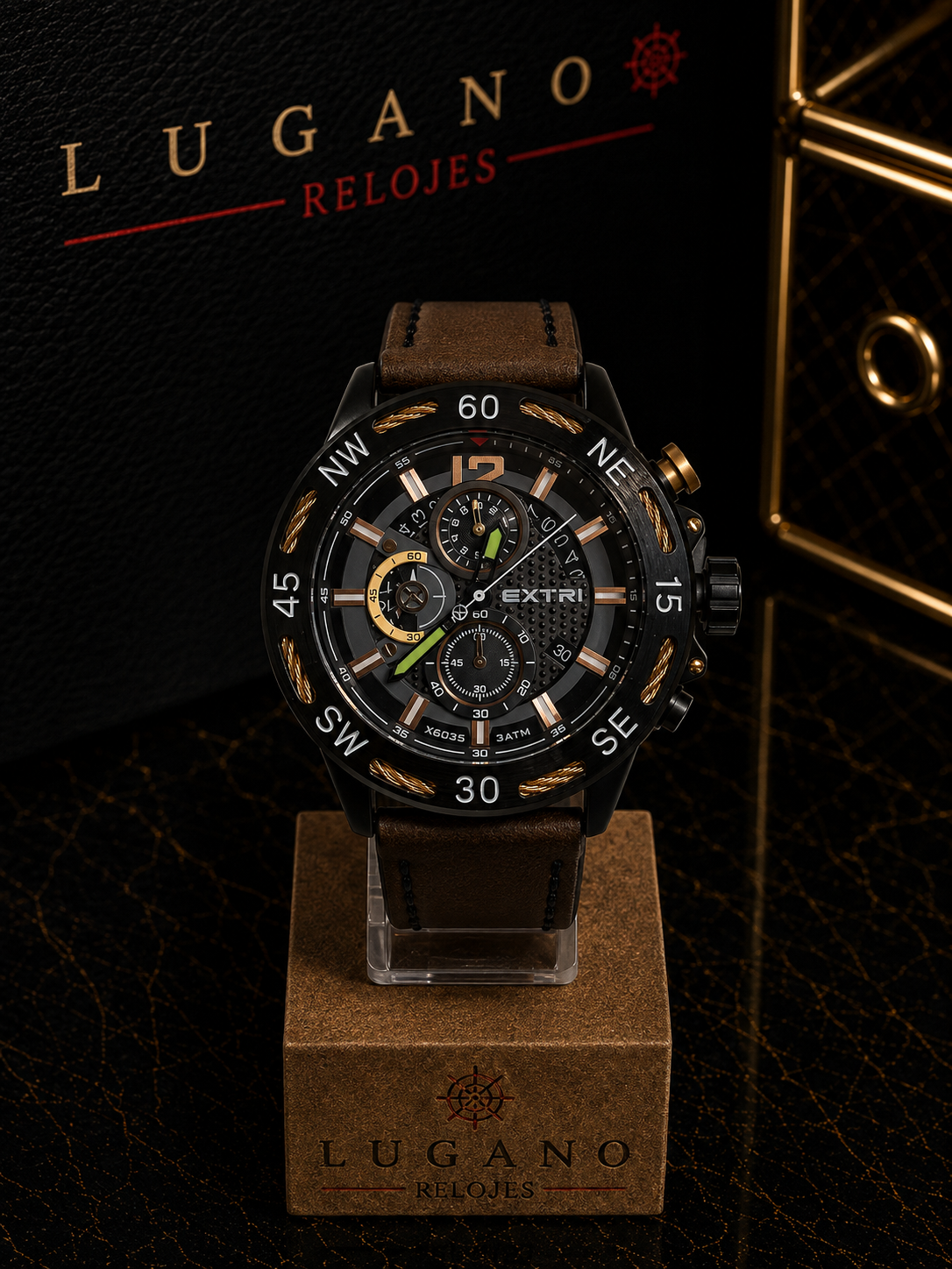 Reloj EXTRI X6035 cronógrafo piel café - Negro con café y dorado