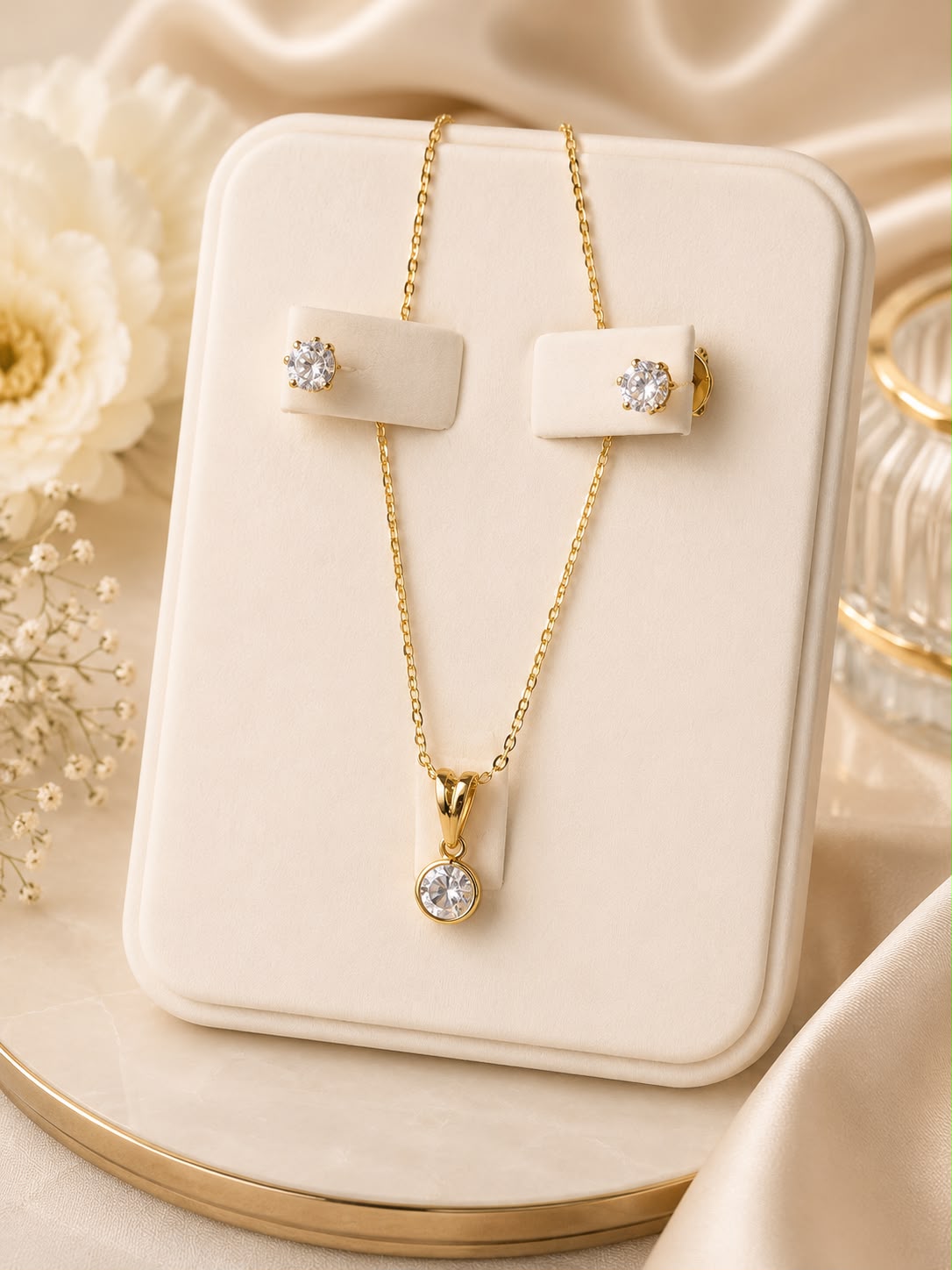 Conjunto de Cadena, Dije y Aretes en Oro Laminado - Dorado con piedra transparente · elegante