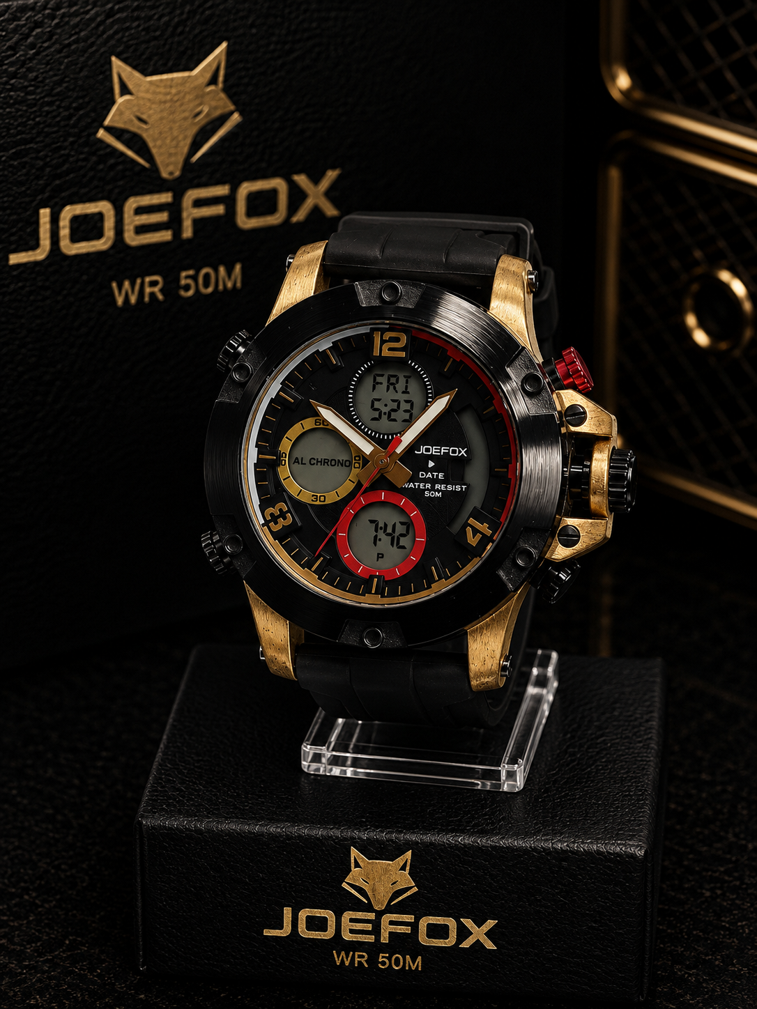 JOEFOX WR 50M Deportivo Dual - Negro con dorado y rojo