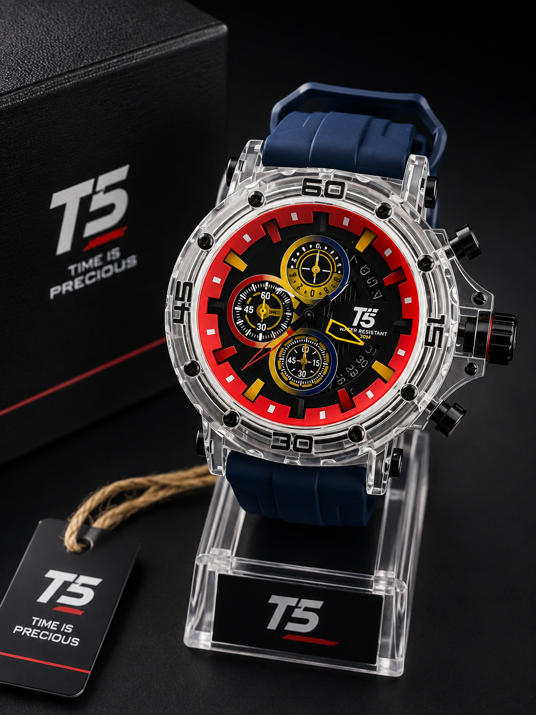 T5 Deportivo Multifunción - Transparente con rojo y azul