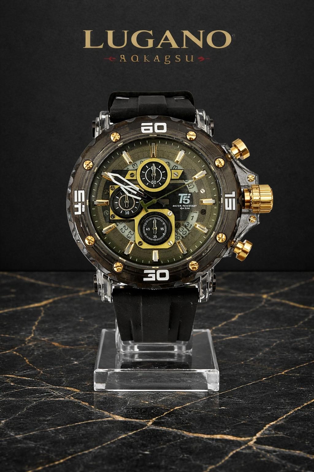 Reloj T5 Vanguard Sport Green - Negro y dorado con esfera verde oliva · Deportivo