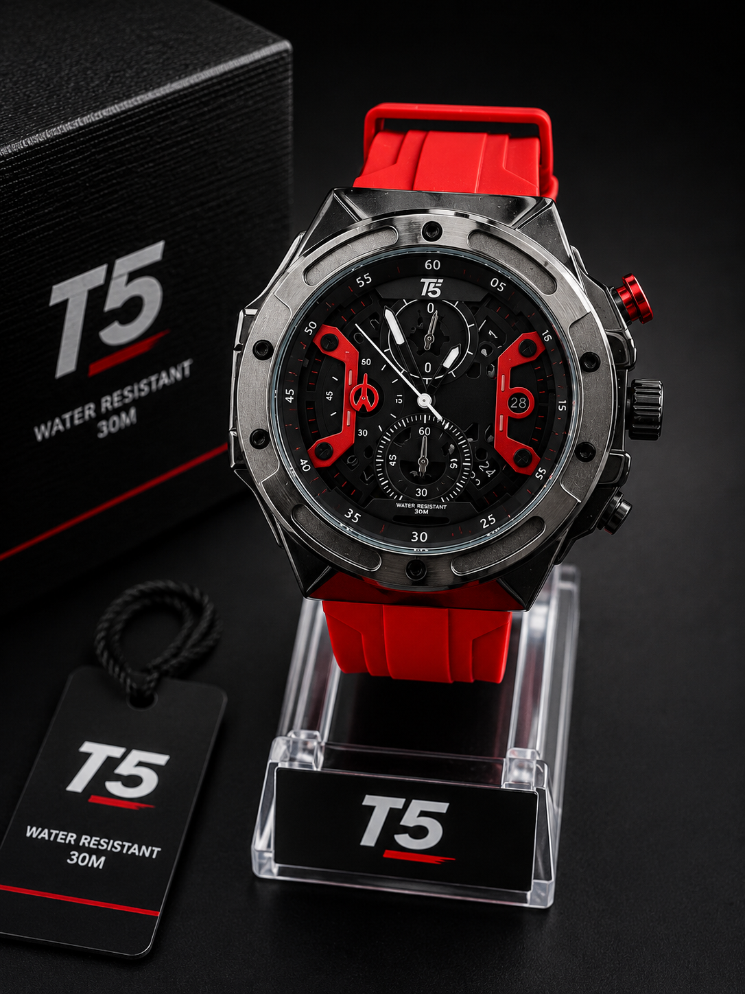 Reloj deportivo cronógrafo T5 rojo y negro - Rojo y negro
