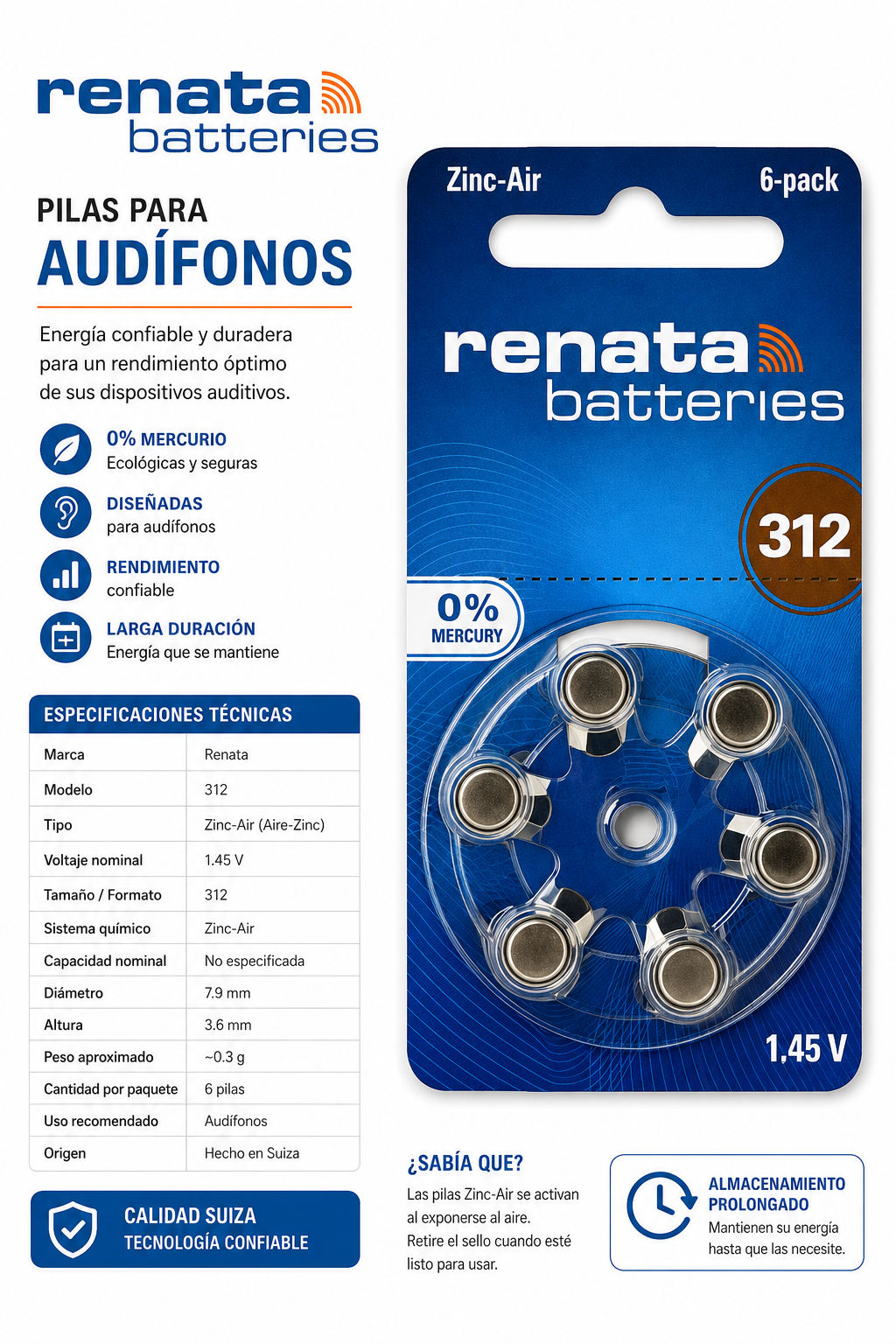 Pila Renata Zinc-Air 312 1.45V - Variante 1EHVG