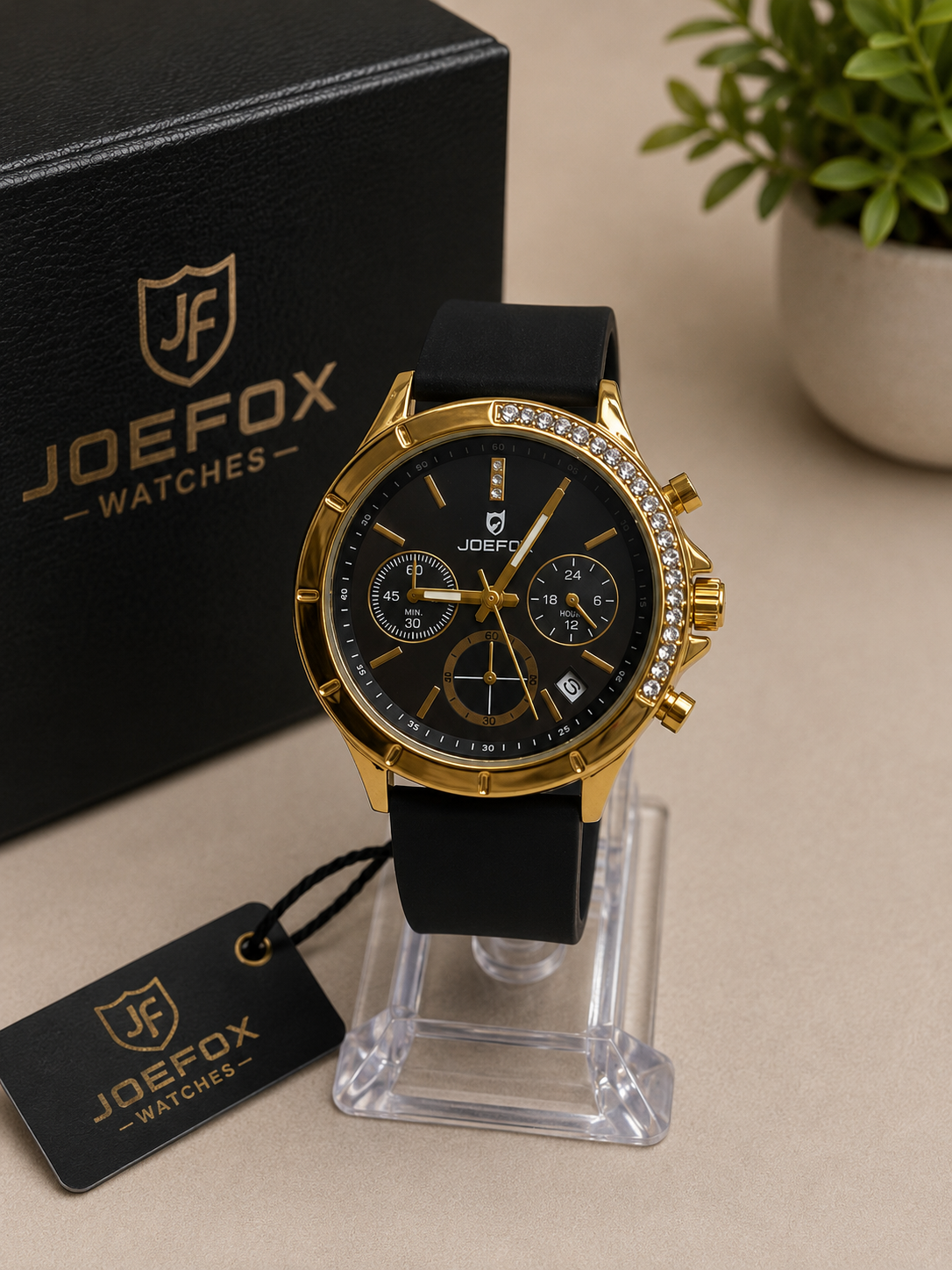 Reloj cronógrafo elegante JOEFOX dorado y negro con cristales - Negro con dorado y cristales transparentes