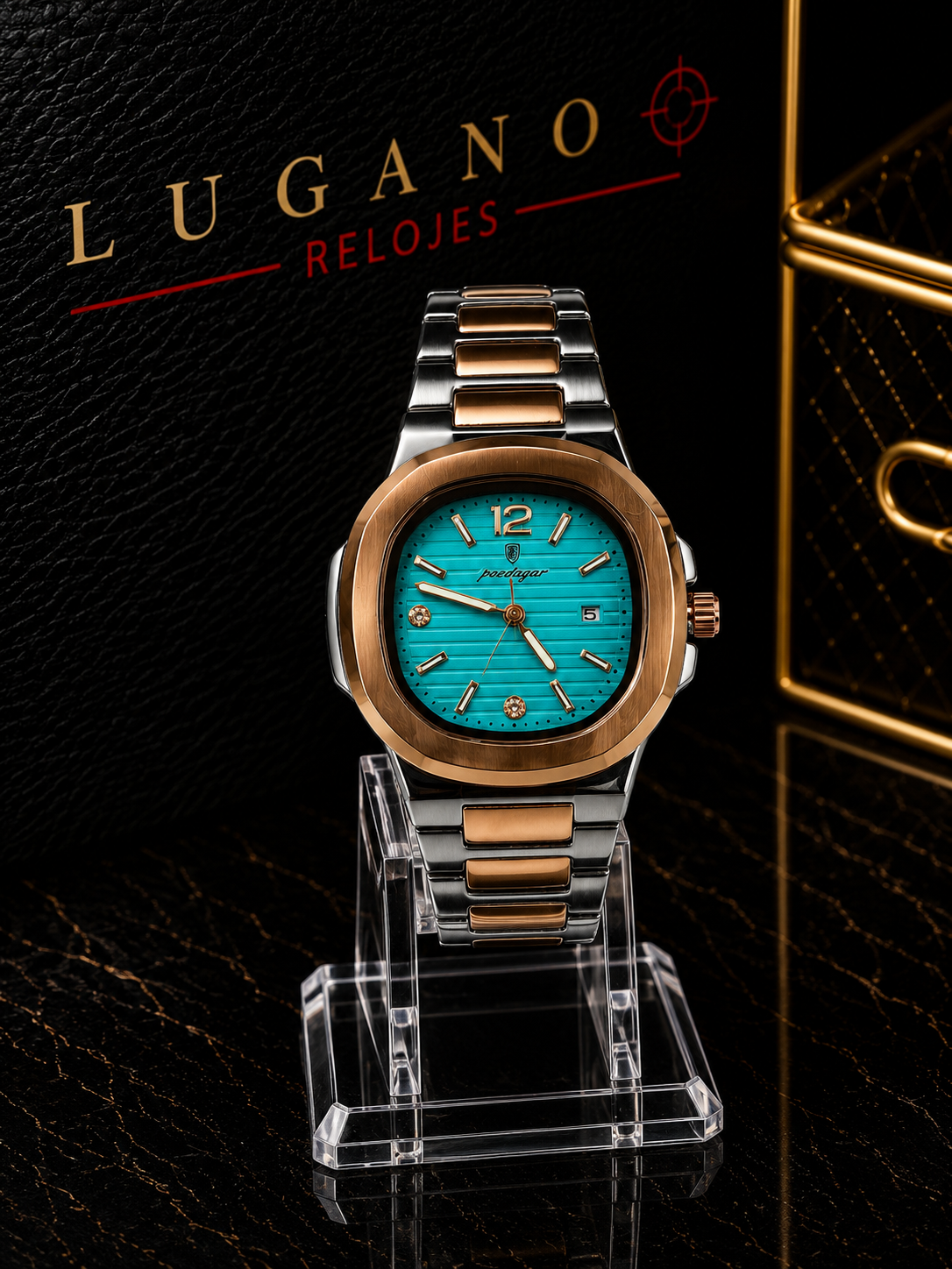 Reloj elegante Poedagar bicolor con esfera turquesa - Turquesa con dorado y acero
