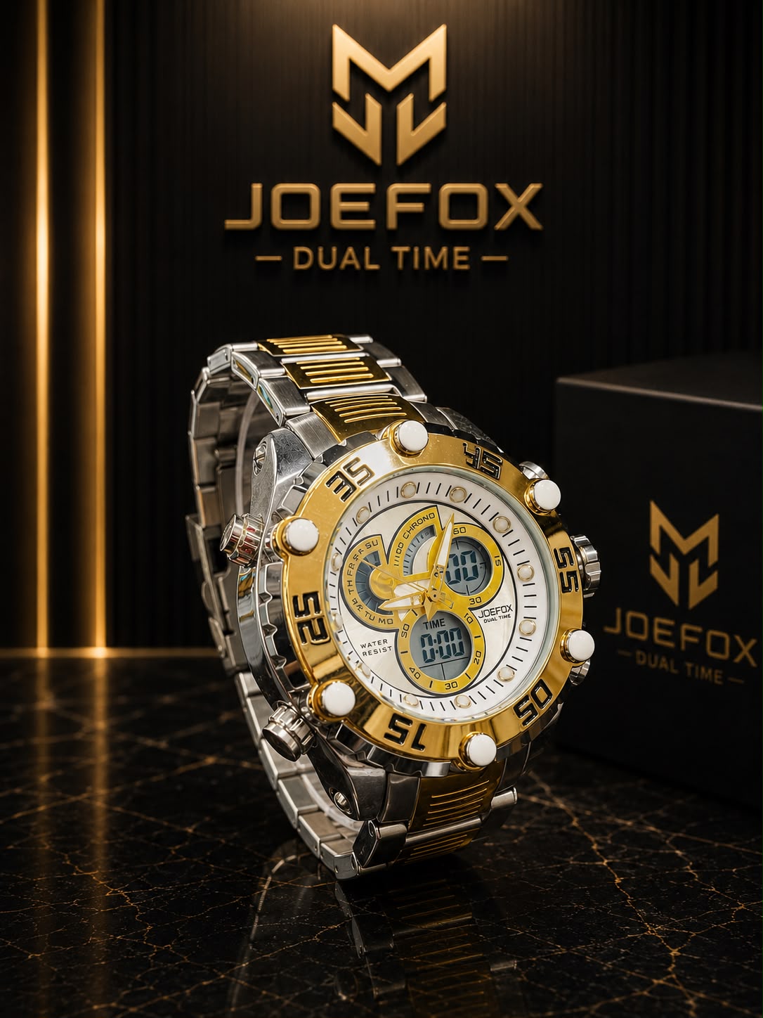 Reloj JOEFOX 1946G Dual Time para Caballero - Bicolor plateado y dorado con esfera blanca y detalles dorados