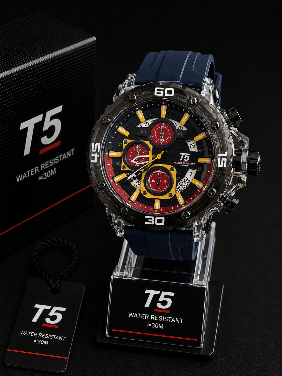 T5 Water Resistant 30M - Negro con amarillo y rojo con correa azul