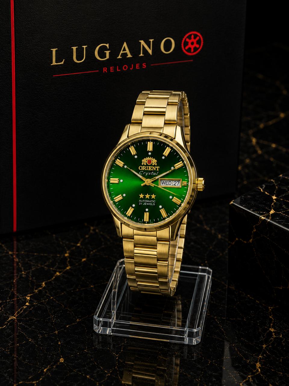 Reloj Orient Crystal 3 Estrellas - Dorado con esfera verde · clásico