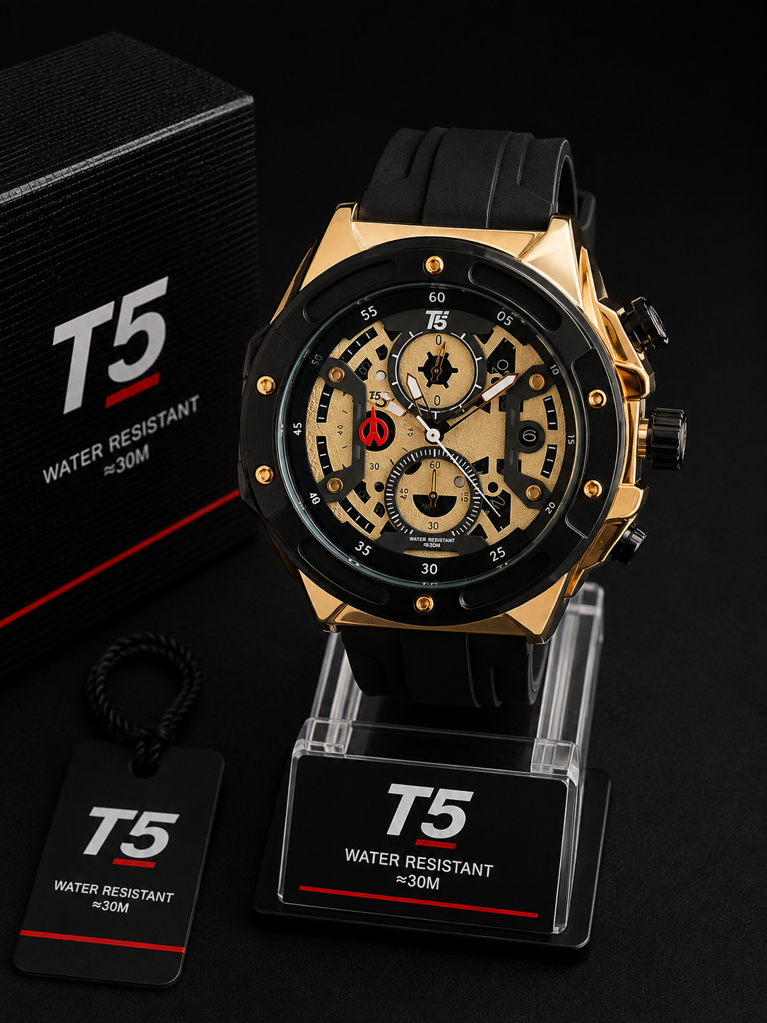 Reloj cronógrafo T5 con caja dorada y correa negra - Negro con dorado