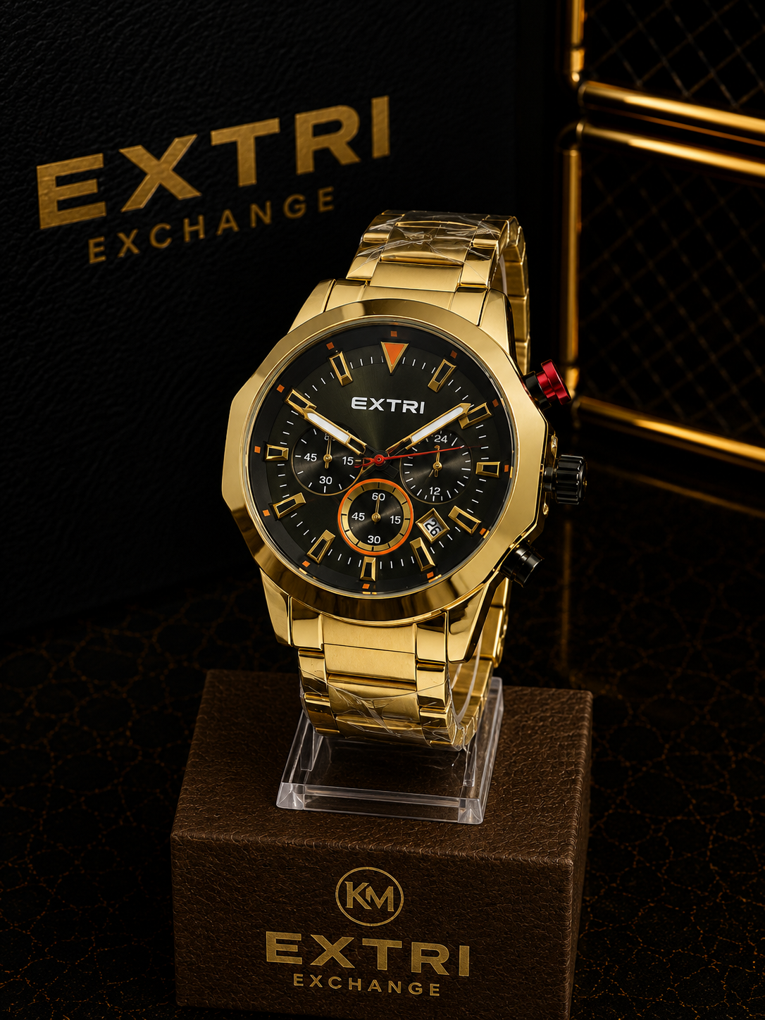 EXTRI Reloj Analógico Cronógrafo Dorado y Negro - Oro con negro