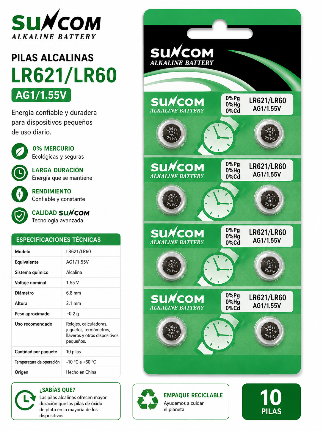 Pilas alcalinas SUNCOM LR621/LR60 AG1 1.55V - Variante 14UNO