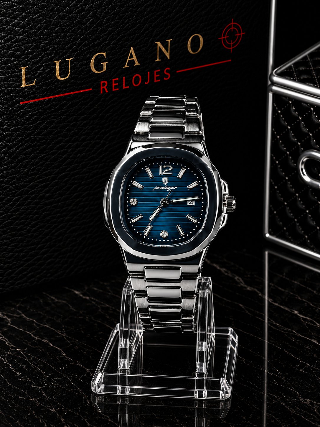 Reloj elegante metálico con esfera azul y fecha - Plata con azul