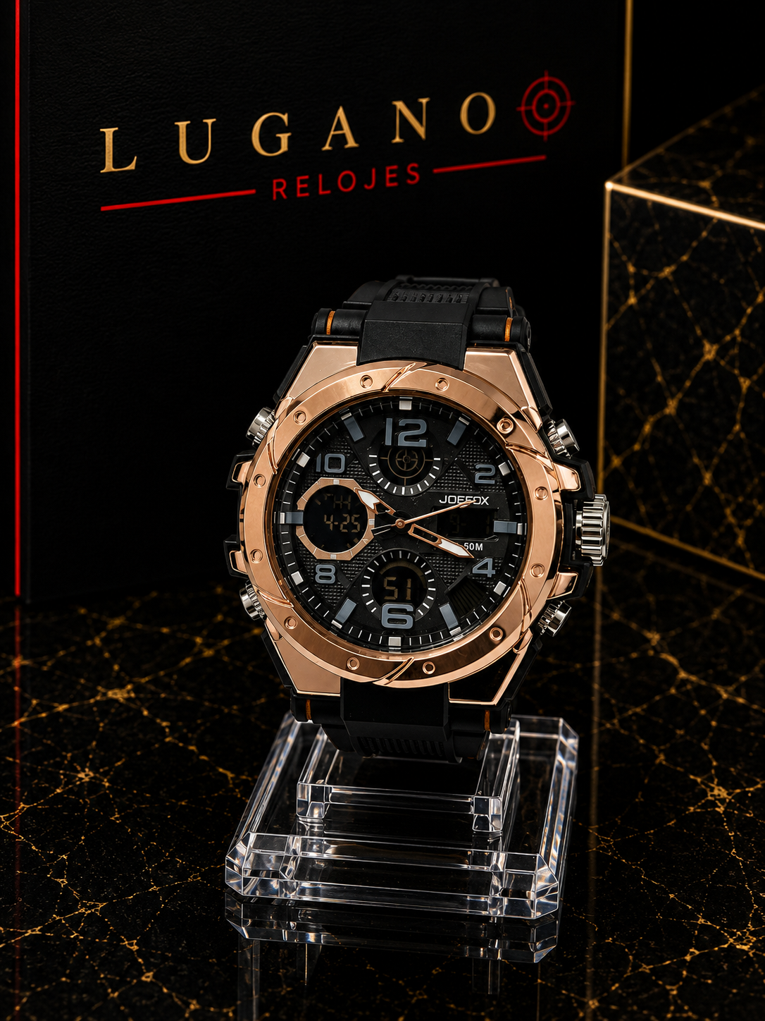 Reloj deportivo JOEFOX con bisel dorado rosa y correa negra - Negro con dorado rosa · deportivo