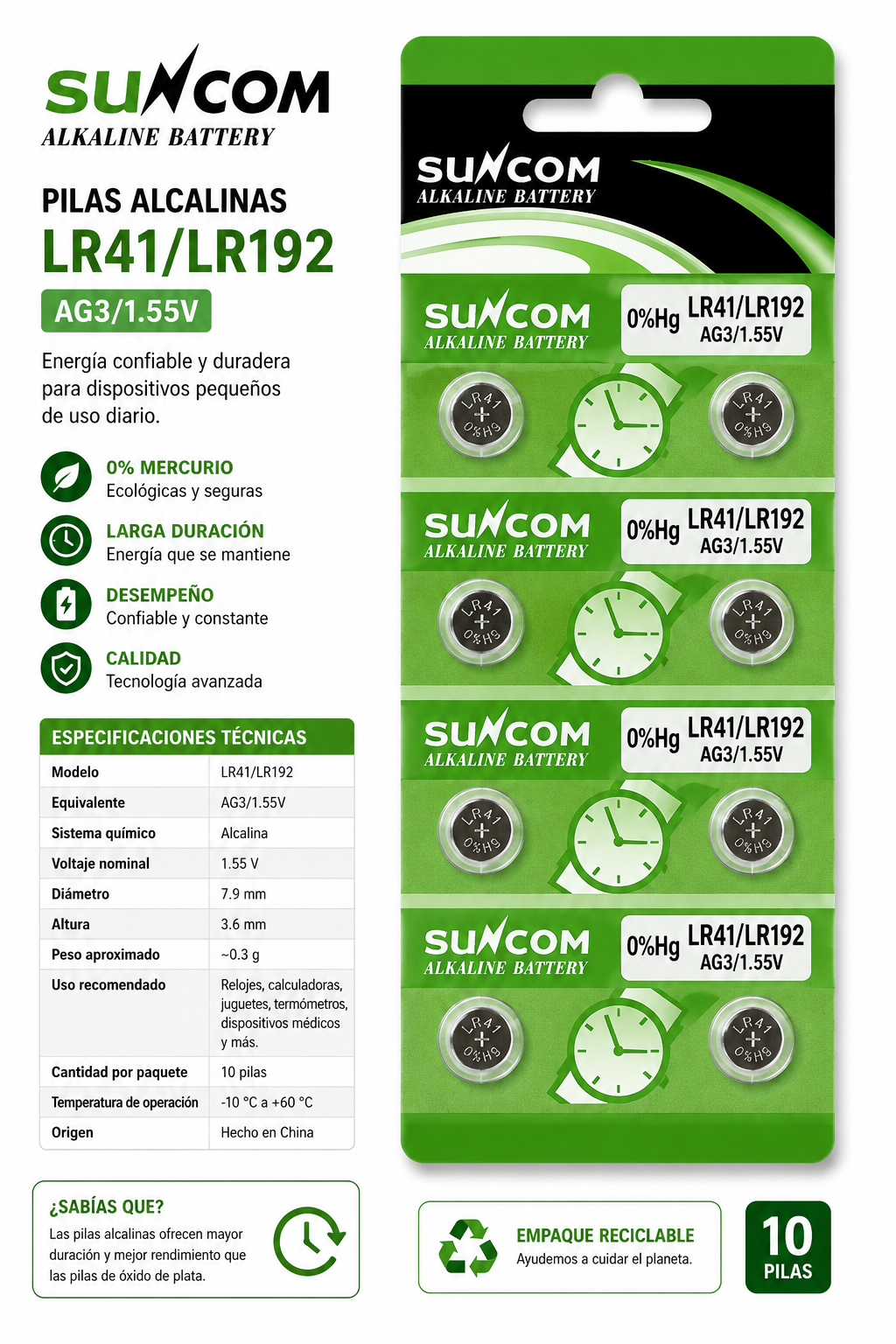 Pila Suncom LR41/LR192 AG3 1.55V - Variante P5PAT