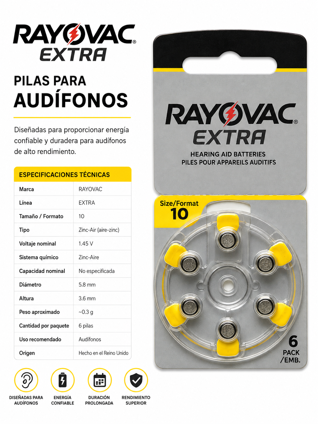 Pilas para audífonos RAYOVAC EXTRA 10 Zinc-Air - Variante QAQI4