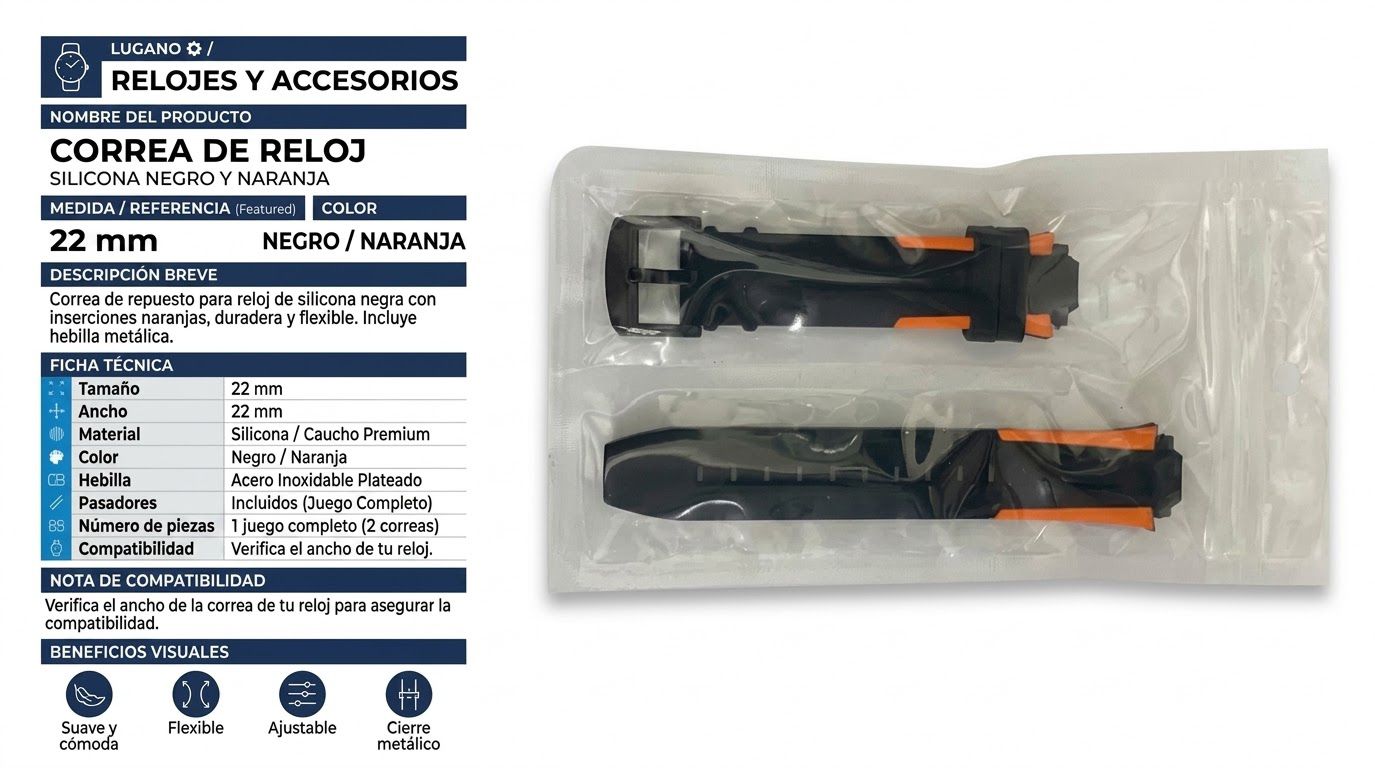 Correa para reloj 22 mm silicona negro y naranja - Variante 46NAI